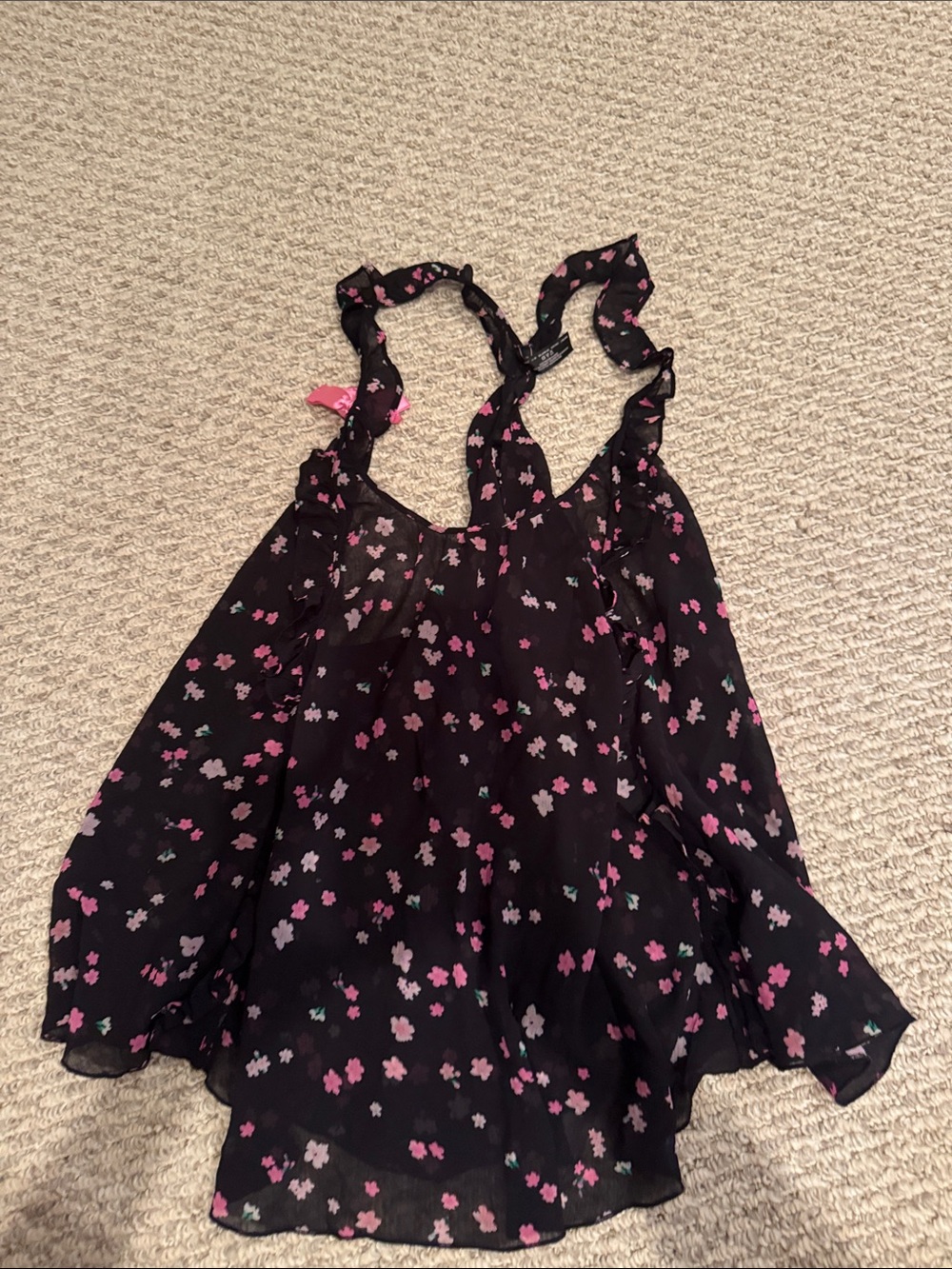 Victoria's Secret Black Floral Ruffle Chemise top with Pink Accents